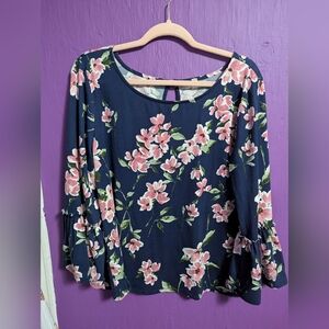💜 Nine Britton Navy and Pink Soft Floral Long 3/4 Ruffle Sleeve Blouse XL 16
